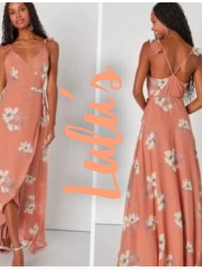 Lulu's Coral Floral Wrap Maxi Dress